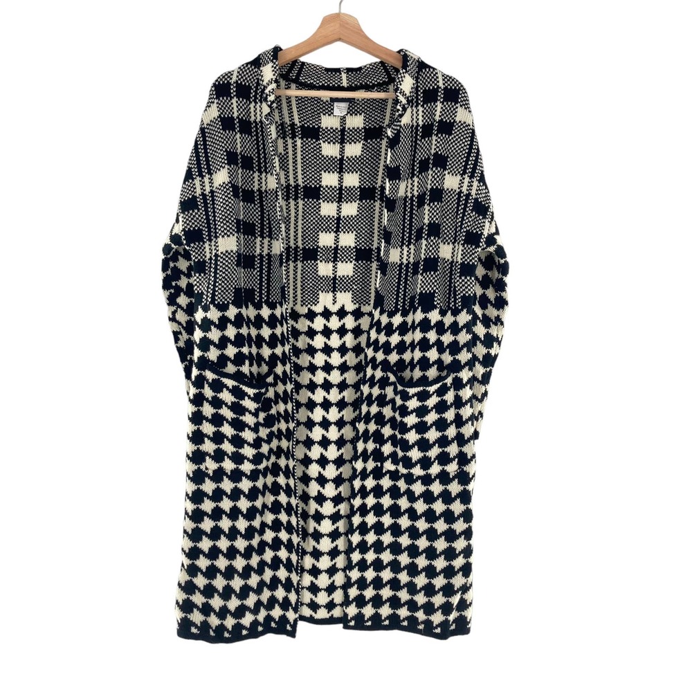 CENY Nordstrom Pattern Longline Cardigan Sweater Jacket Black Cream